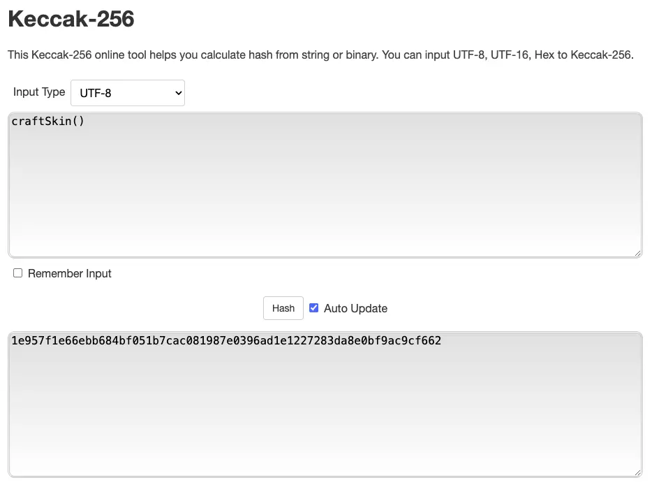 Keccak-256 craft skin